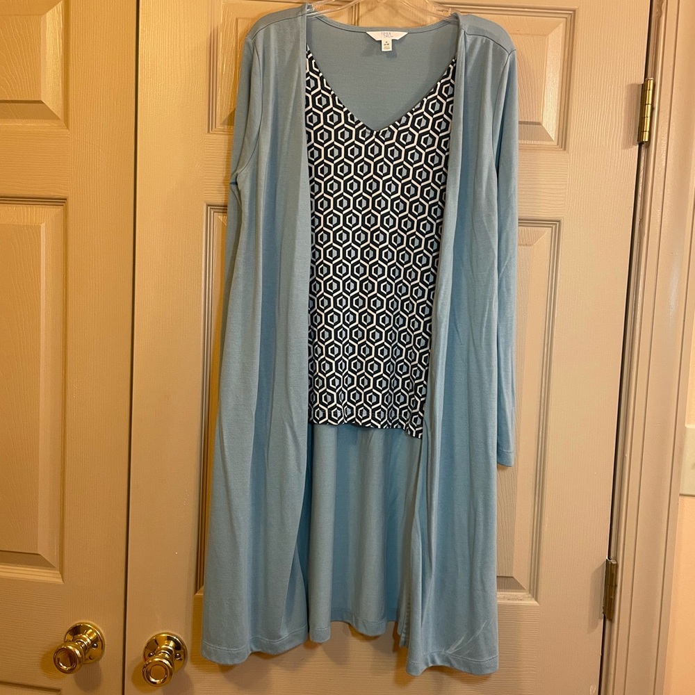 Time and Tru Blue Duster Cardigan with Attached Geometric Tank, Size Small‎